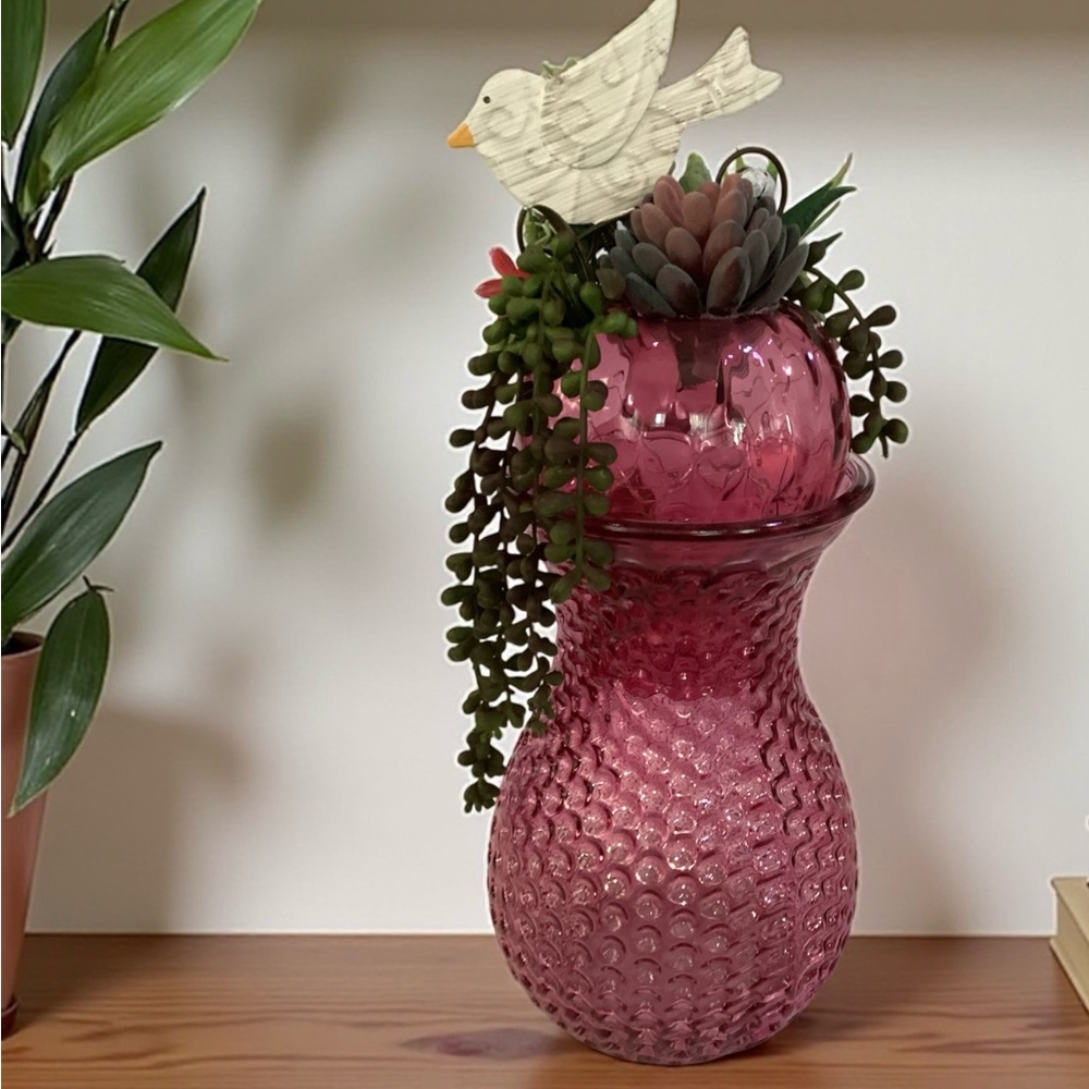 Tall 16” Lighted Fushia Pink Glass Vase With Faux Succulents & Bird